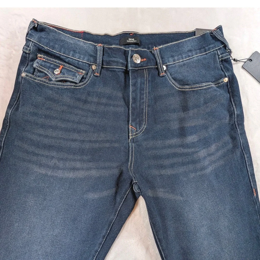 True Religion Geno Relaxed Slim Jeans Men's 33x32 Dark Sultry Wash Flap Fits 34